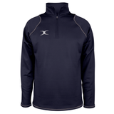 The Gilbert Quest 2 1/4 Zip Fleece Top is a navy blue long-sleeved athletic pullover, featuring a half-zip and small white logo on the chest. It’s expertly crafted from micro-polyester for enhanced mobility.