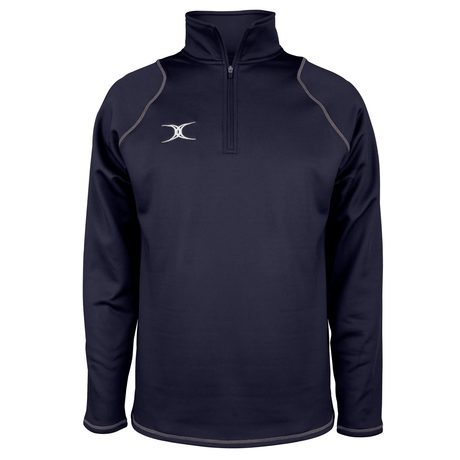 The Gilbert Quest 2 1/4 Zip Fleece Top is a navy blue long-sleeved athletic pullover, featuring a half-zip and small white logo on the chest. It’s expertly crafted from micro-polyester for enhanced mobility.