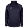 The Gilbert Quest 2 1/4 Zip Fleece Top is a navy blue long-sleeved athletic pullover, featuring a half-zip and small white logo on the chest. It’s expertly crafted from micro-polyester for enhanced mobility.