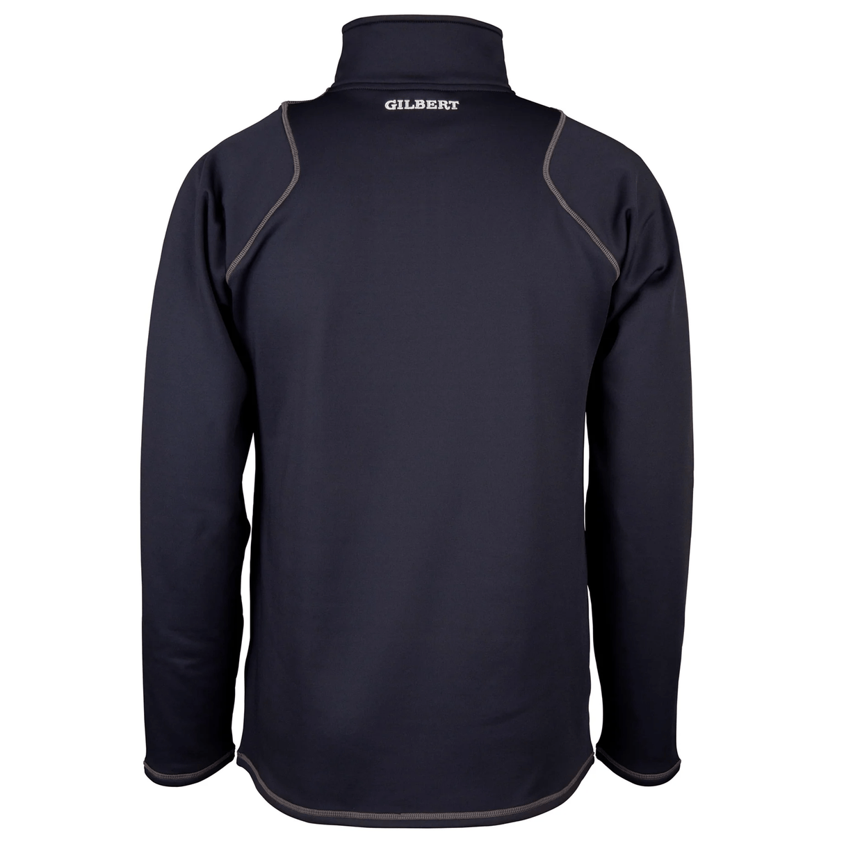 Back view of the navy Gilbert Quest 2 1/4 Zip Fleece Top with gray piping, "GILBERT" across the upper back, and micro-polyester for enhanced mobility.