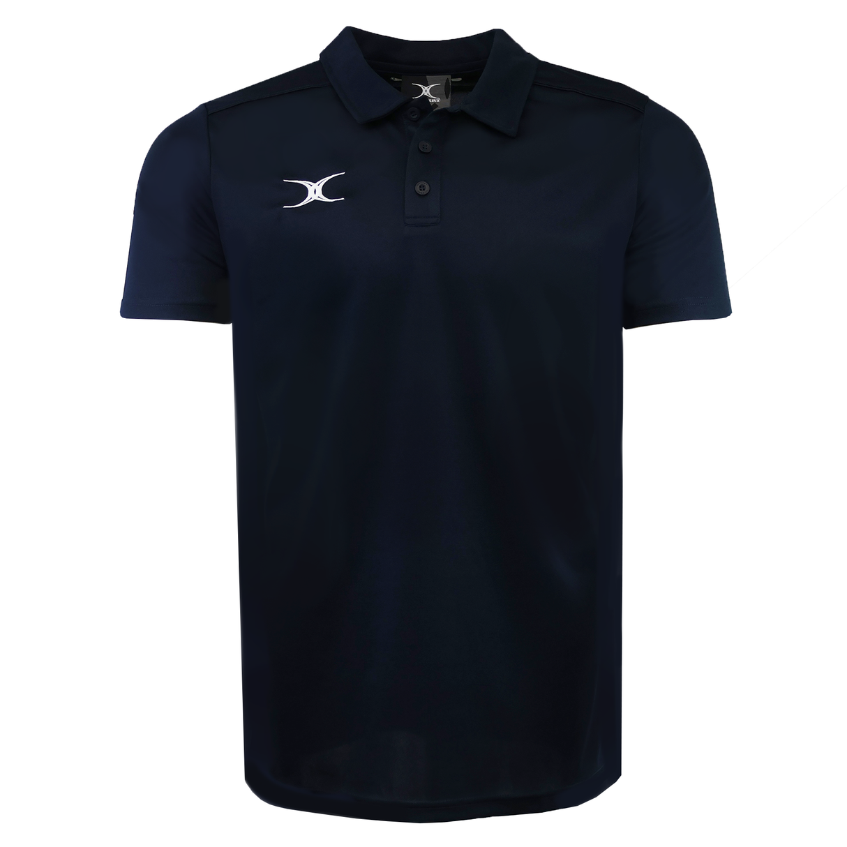 The Gilbert Photon II Polo is a navy blue short-sleeve shirt with a small white embroidered left-chest logo, three-button placket, and lightweight, moisture-wicking fabric for all-day comfort.