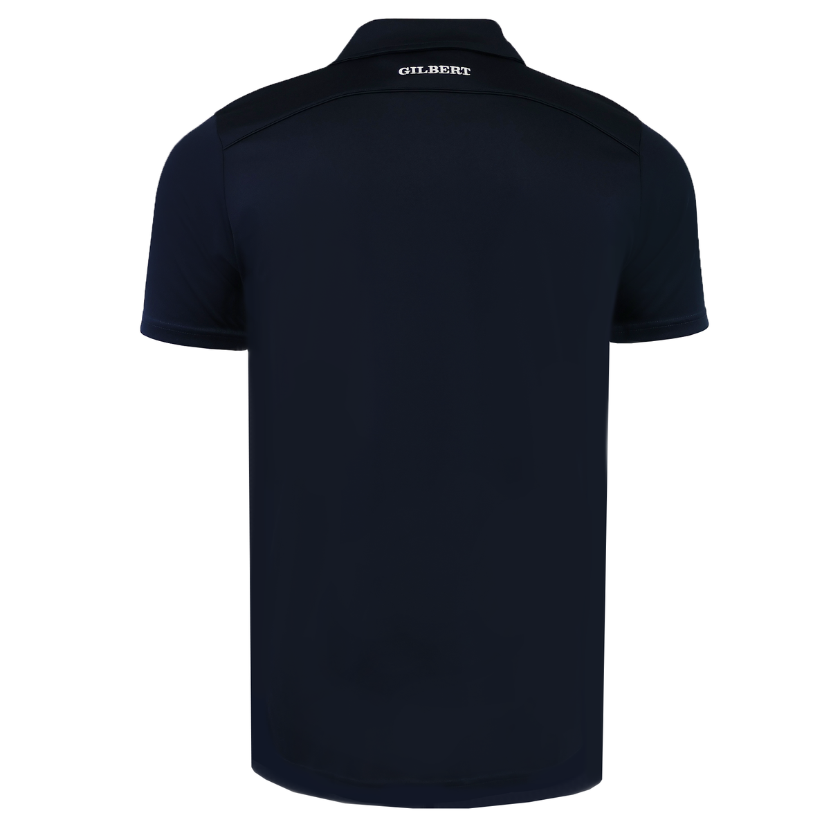 A navy blue Gilbert Photon II Polo seen from the back, with lightweight fabric and "GILBERT" printed in white near the collar.