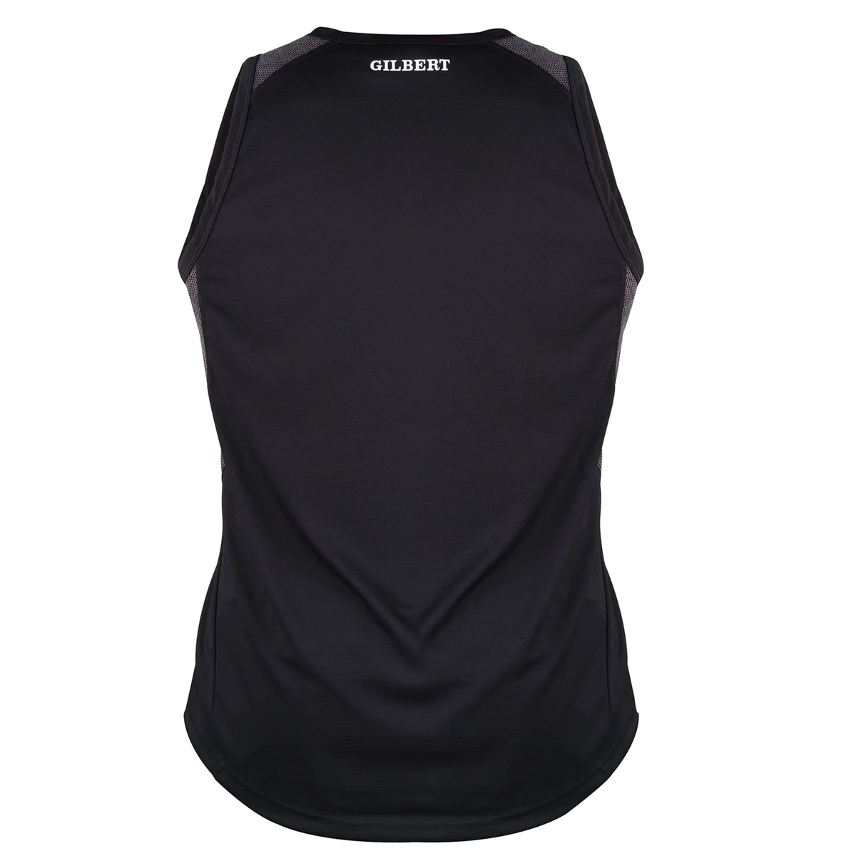 The black sleeveless Gilbert Pro Training Singlet offers ultimate comfort with stretch fabric and "GILBERT" printed on the back, perfect for intense rugby training sessions.