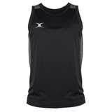 The Gilbert Pro Training Singlet is a black sleeveless top designed for intense rugby training, featuring a sleek front logo and made from stretch fabric for ultimate comfort.