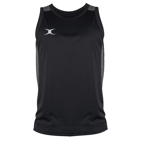 The Gilbert Pro Training Singlet is a black sleeveless top designed for intense rugby training, featuring a sleek front logo and made from stretch fabric for ultimate comfort.