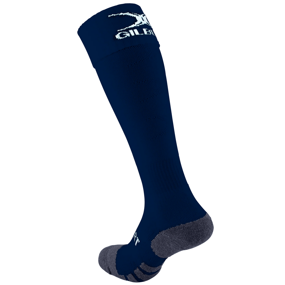 The Gilbert Pro Match Socks are navy knee-high performance socks with a white logo near the top and a gray foot section, designed for enhanced comfort.