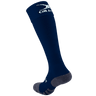 The Gilbert Pro Match Socks are navy knee-high performance socks with a white logo near the top and a gray foot section, designed for enhanced comfort.