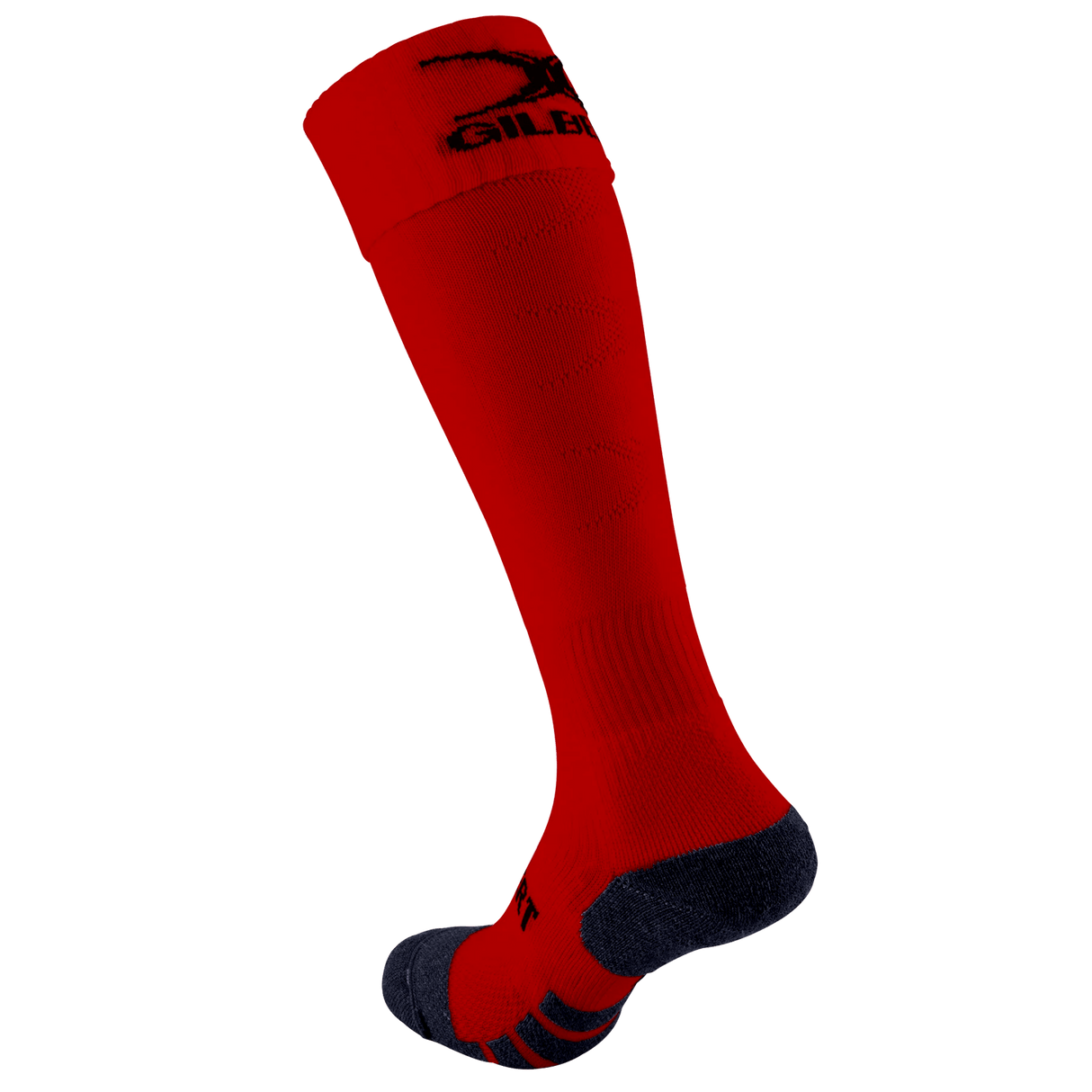 Introducing the Gilbert Pro Match Sock: a stylish red knee-high sock with a black sole and sleek logo. Crafted for comfort and performance, these socks ensure support during any activity.