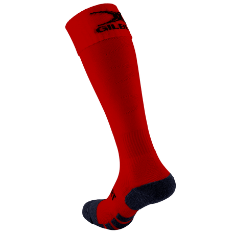 Introducing the Gilbert Pro Match Sock: a stylish red knee-high sock with a black sole and sleek logo. Crafted for comfort and performance, these socks ensure support during any activity.