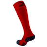 Introducing the Gilbert Pro Match Sock: a stylish red knee-high sock with a black sole and sleek logo. Crafted for comfort and performance, these socks ensure support during any activity.