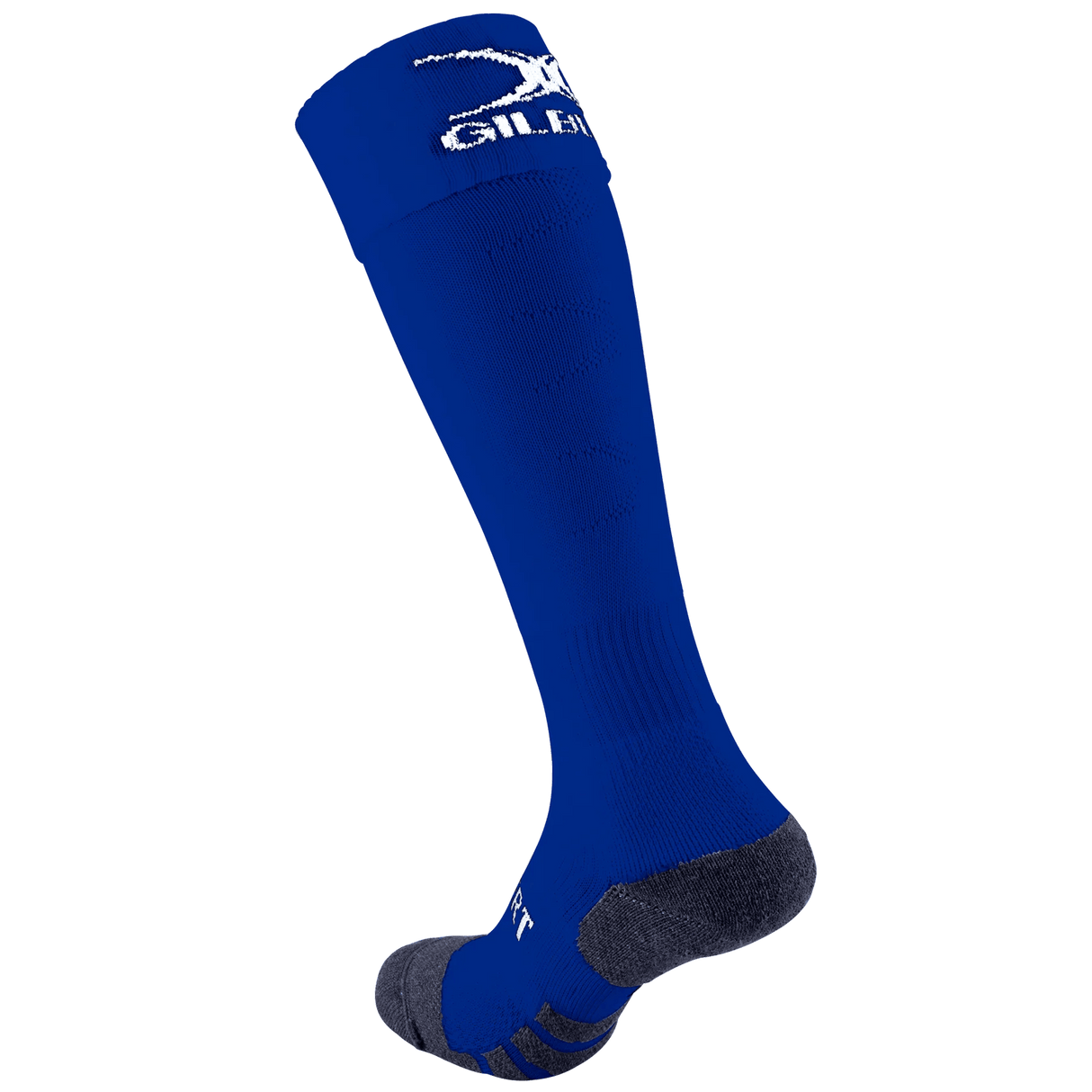 The Gilbert Pro Match Sock is a single blue knee-high sock with a dark grey heel and toe, featuring a white logo near the top, offering enhanced comfort for every step.