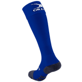 The Gilbert Pro Match Sock is a single blue knee-high sock with a dark grey heel and toe, featuring a white logo near the top, offering enhanced comfort for every step.