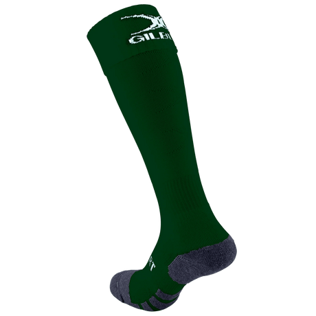 Introducing the Gilbert Pro Match Sock: knee-high green sports socks with a gray heel and toe, crafted for superior comfort and performance.