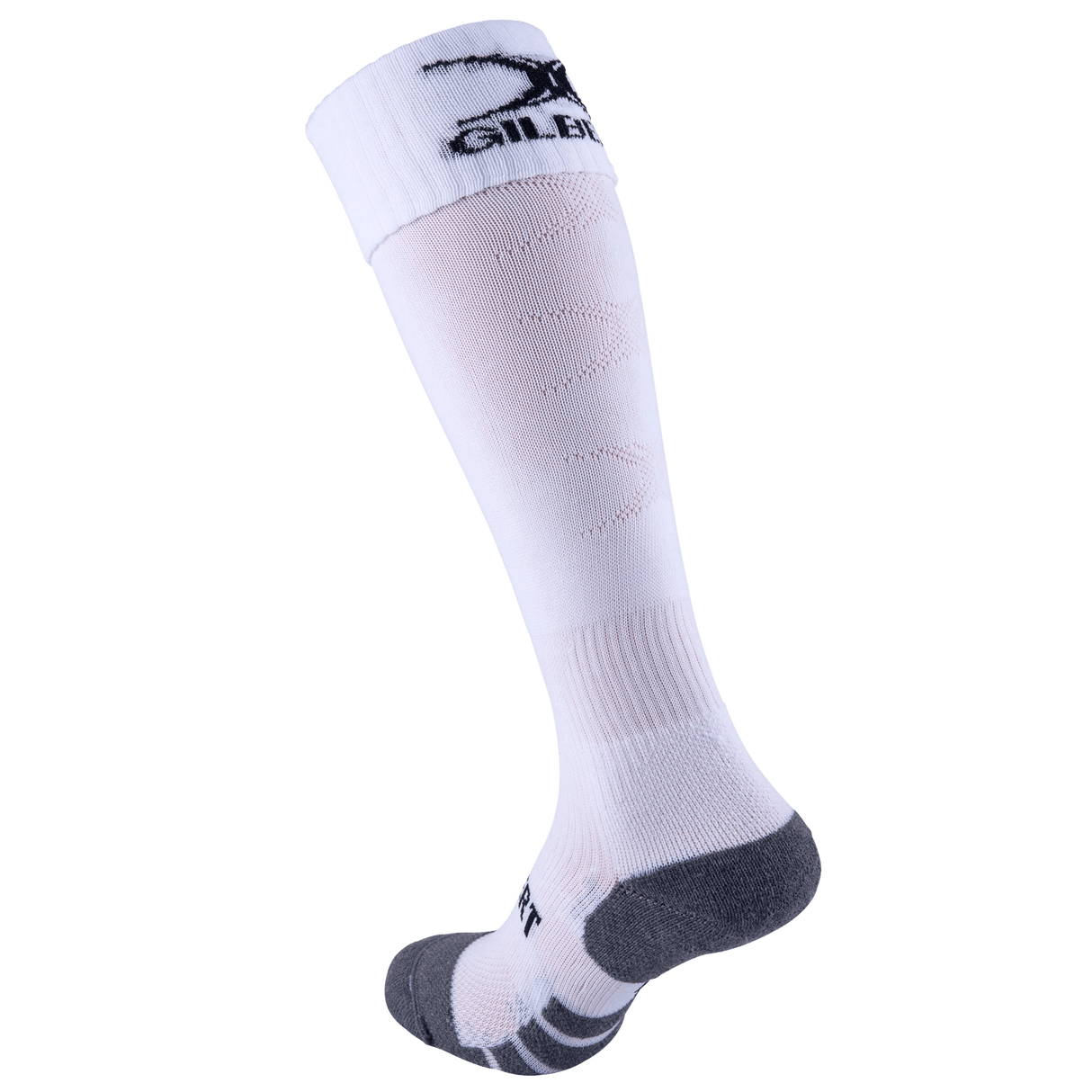 The Gilbert Pro Match Sock is a white and gray knee-high sports sock designed for enhanced comfort. Featuring the brand's logo near the top, these performance socks are ideal for athletes seeking superior support, displayed against a plain background.
