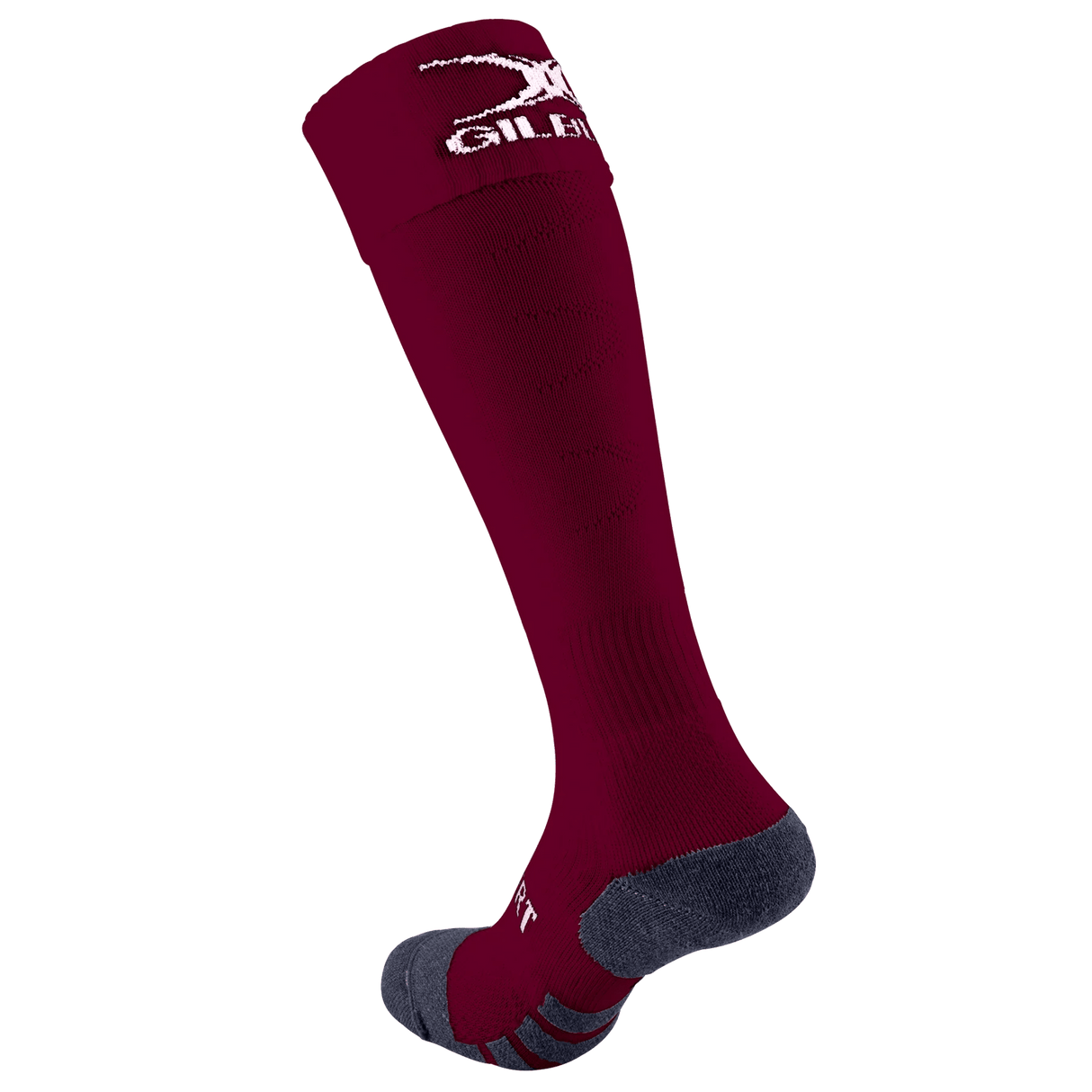 Try the Gilbert Pro Match Sock by Gilbert: maroon knee-high with dark gray heel and toe for enhanced comfort. A white logo near the top offers style and functionality, making them perfect performance socks.