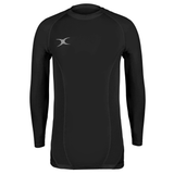 The Gilbert Atomic II Baselayer is a black long-sleeve athletic shirt with a small white logo on the upper left chest, designed for rugby with effective moisture wicking, shown on a white background.