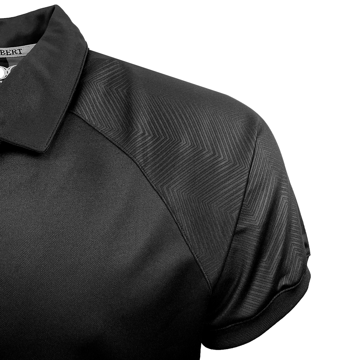 Close-up of the upper half of a Gilbert Evo Performance Polo by Gilbert, featuring a textured chevron pattern on the shoulders. The polo shirt has short sleeves, a folded collar, and is crafted with moisture control fabric ideal for rugby enthusiasts.