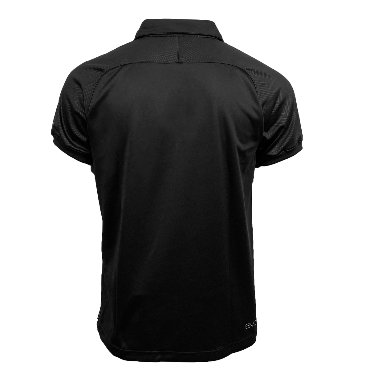 A black short-sleeved polo shirt displayed from the back, perfect for rugby enthusiasts. The fabric appears smooth and features moisture control properties, complemented by a classic collar. This Gilbert Evo Performance Polo offers both style and comfort, courtesy of the renowned brand Gilbert.