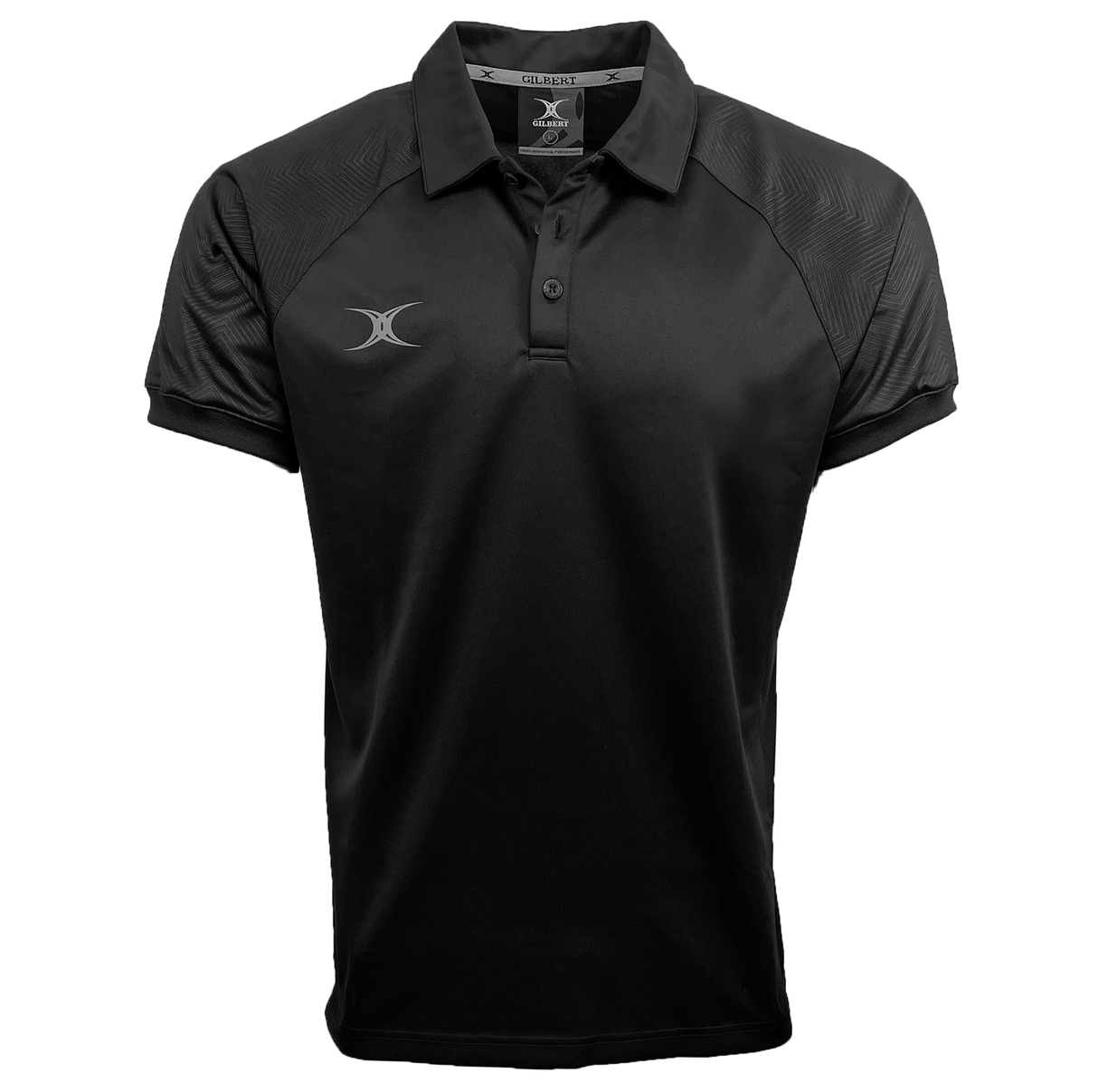 A black Gilbert Evo Performance Polo featuring short sleeves, a collared neckline, and a small emblem on the left chest. The brand name "Gilbert" is visible inside the collar, making it perfect for rugby enthusiasts.