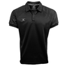 A black Gilbert Evo Performance Polo featuring short sleeves, a collared neckline, and a small emblem on the left chest. The brand name "Gilbert" is visible inside the collar, making it perfect for rugby enthusiasts.
