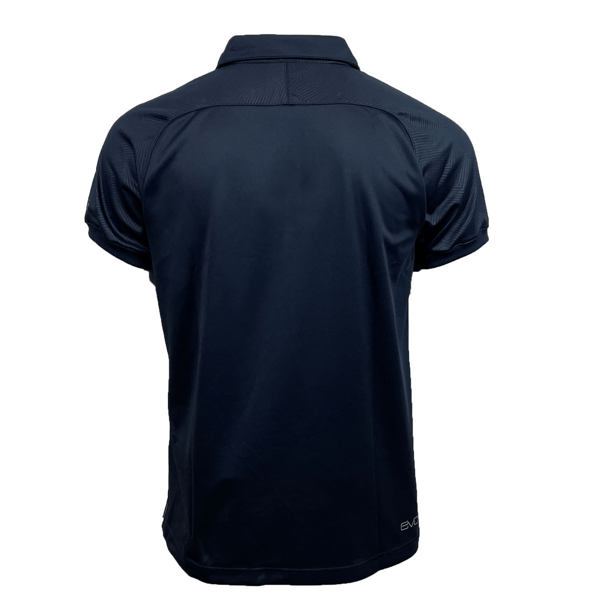 Back view of the Gilbert Evo Performance Polo by Gilbert, a short-sleeved navy blue shirt with a collar and moisture control fabric, perfect for rugby enthusiasts.