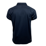 Back view of the Gilbert Evo Performance Polo by Gilbert, a short-sleeved navy blue shirt with a collar and moisture control fabric, perfect for rugby enthusiasts.