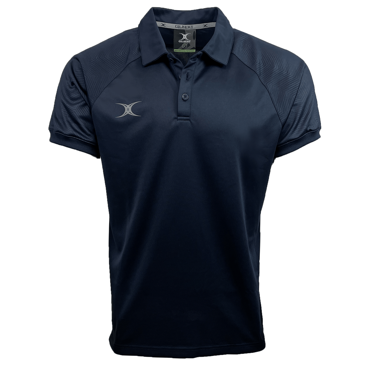Introducing the Gilbert Evo Performance Polo: a dark blue, short-sleeved shirt with a collar and button-up neck, featuring a small silver logo on the left chest. Crafted from moisture control fabric, this Gilbert Rugby polo is perfect for rugby enthusiasts.