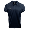 Introducing the Gilbert Evo Performance Polo: a dark blue, short-sleeved shirt with a collar and button-up neck, featuring a small silver logo on the left chest. Crafted from moisture control fabric, this Gilbert Rugby polo is perfect for rugby enthusiasts.