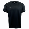 The Gilbert Evo Performance Training Tee by Gilbert is a black short-sleeved sports jersey featuring a small white logo on the left chest and a crew neck design, ideal for rugby training sessions.