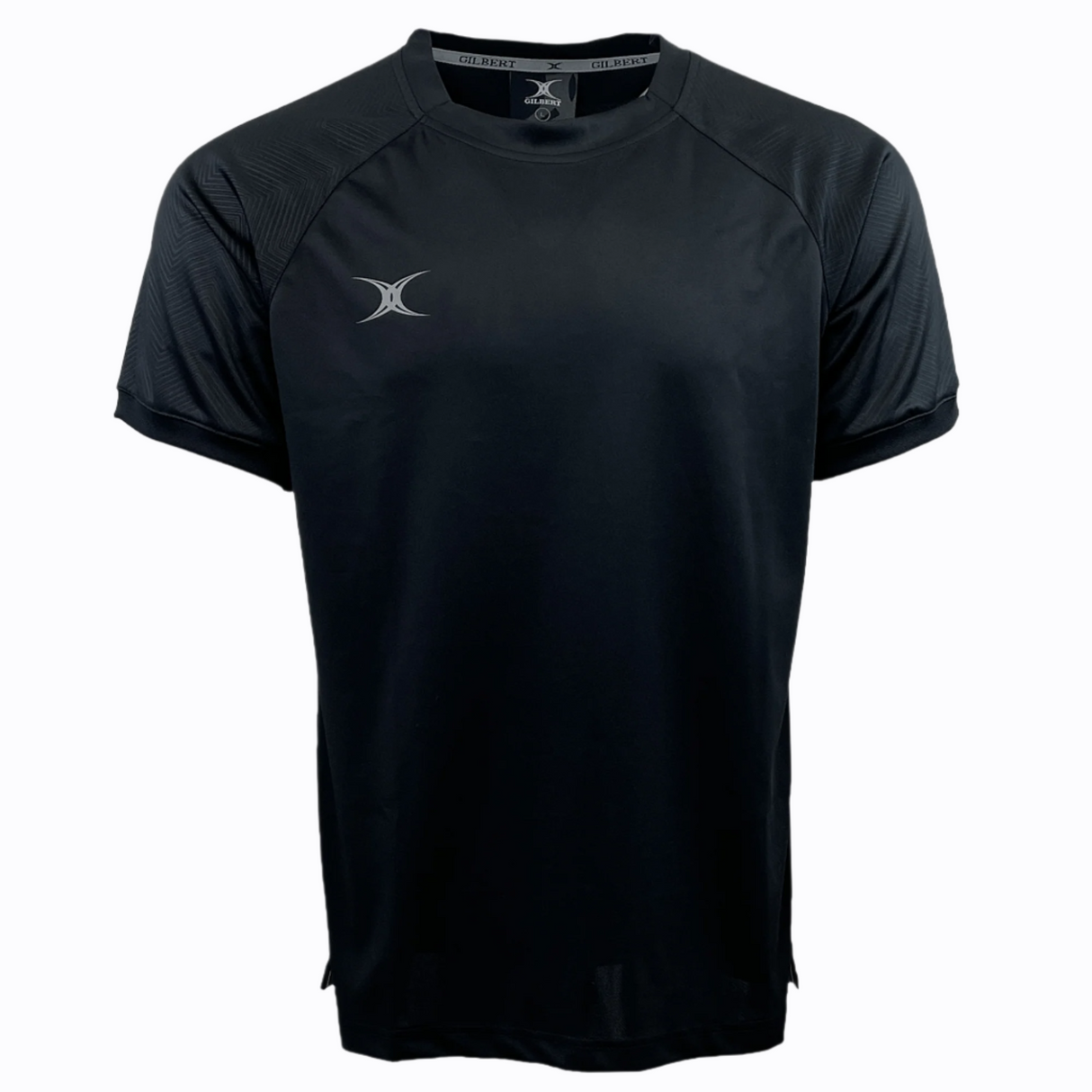 The Gilbert Evo Performance Training Tee by Gilbert is a black short-sleeved sports jersey featuring a small white logo on the left chest and a crew neck design, ideal for rugby training sessions.