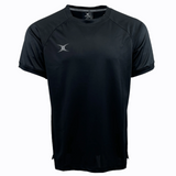 The Gilbert Evo Performance Training Tee by Gilbert is a black short-sleeved sports jersey featuring a small white logo on the left chest and a crew neck design, ideal for rugby training sessions.