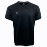 The Gilbert Evo Performance Training Tee by Gilbert is a black short-sleeved sports jersey featuring a small white logo on the left chest and a crew neck design, ideal for rugby training sessions.