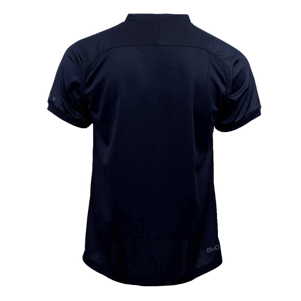 Back view of the Gilbert Evo Performance Training Tee by Gilbert, a plain black short-sleeve polo shirt featuring a collar and subtle stitching details reminiscent of a Rugby training shirt. The shirt extends slightly below the waistline.