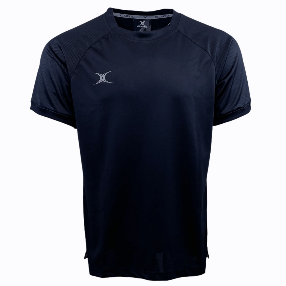 A plain black short-sleeve Gilbert Evo Performance Training Tee by Gilbert, featuring a small, white, crescent-shaped logo on the left side of the chest.