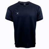 A plain black short-sleeve Gilbert Evo Performance Training Tee by Gilbert, featuring a small, white, crescent-shaped logo on the left side of the chest.