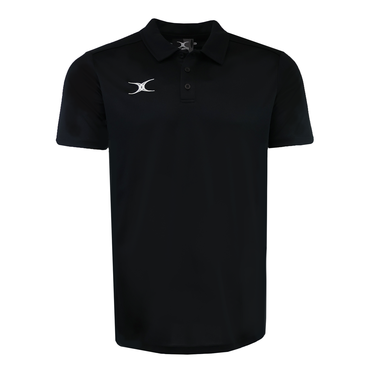 The Gilbert Photon II Polo is a black, short-sleeve shirt with a collar, three buttons, and a small white logo on the left chest. Made from lightweight fabric by Gilbert, it offers all-day comfort.