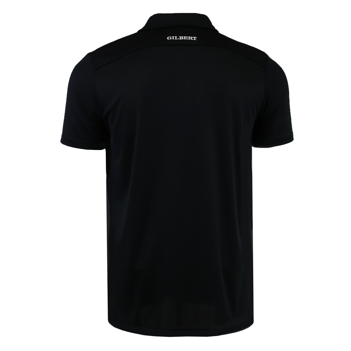 Back view of the Gilbert Photon II Polo in plain black, featuring lightweight fabric and "Gilbert" printed in white near the collar.