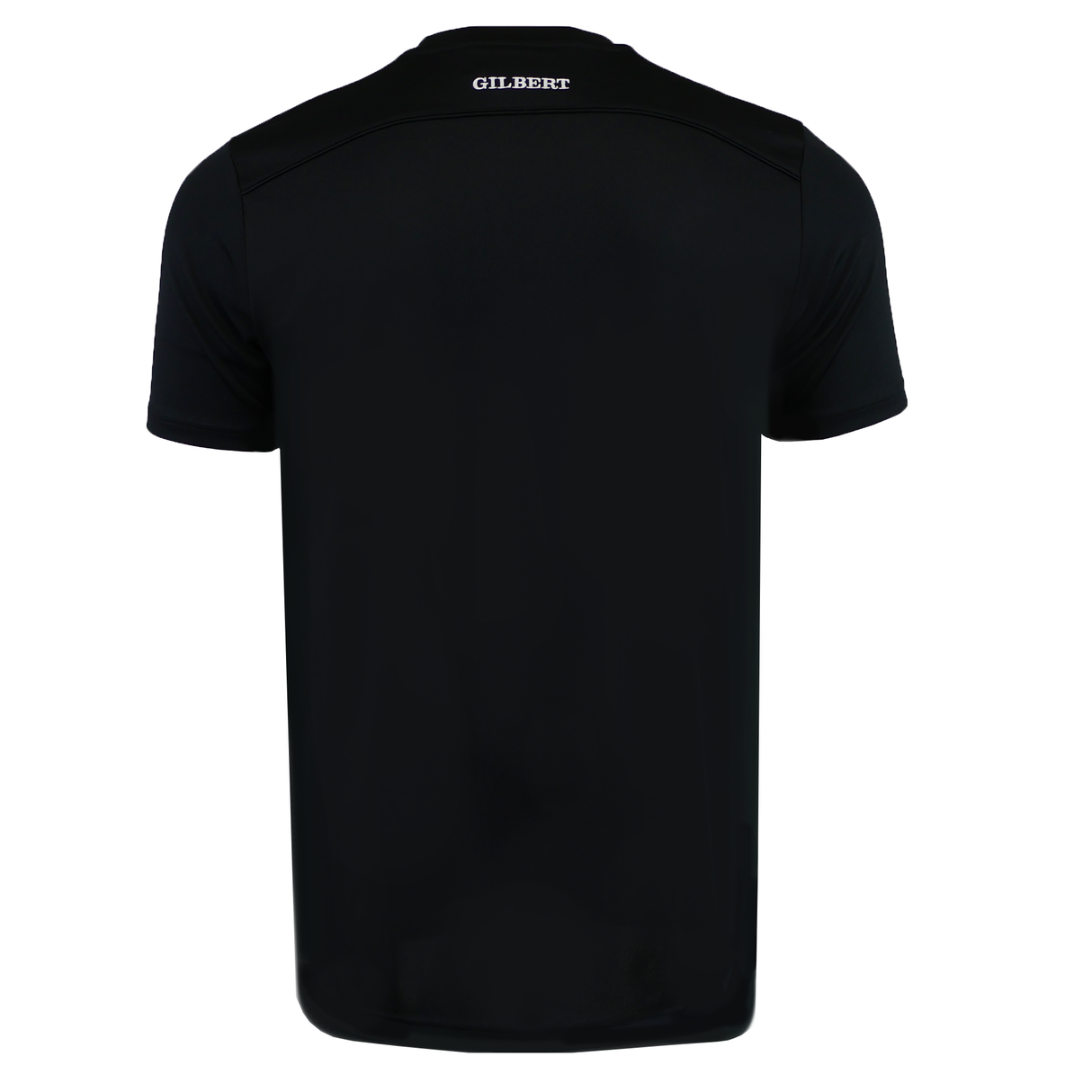The Gilbert Photon Training Tee in plain black is shown from the back with "GILBERT" printed in white near the neckline. Made with moisture-wicking fabric, it keeps you dry and comfortable during intense workouts.