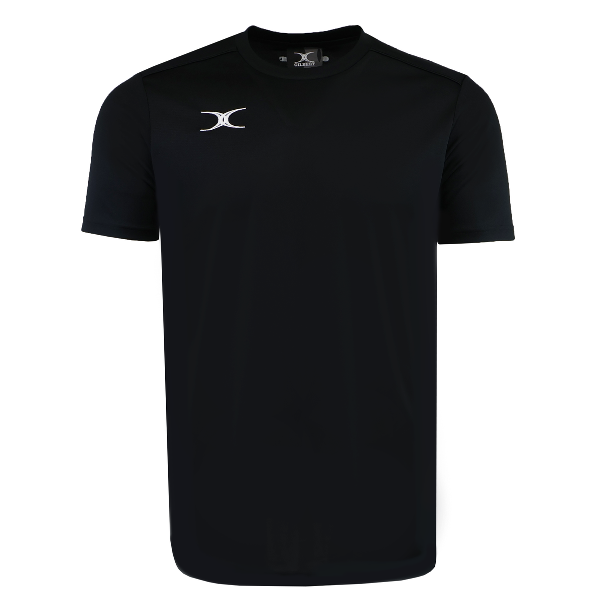 The Gilbert Photon Training Tee is a black short-sleeve shirt with a small white logo on the upper left chest, made from moisture-wicking fabric for all-day comfort.