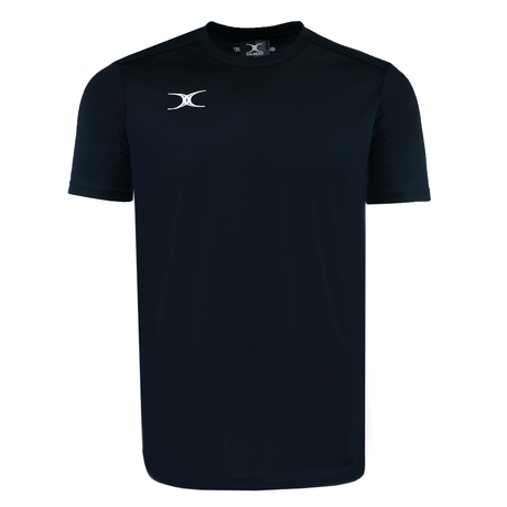 The Gilbert Photon Training Tee by Gilbert is a black short-sleeve athletic t-shirt featuring a small white logo on the left chest, made from moisture-wicking fabric for comfort.