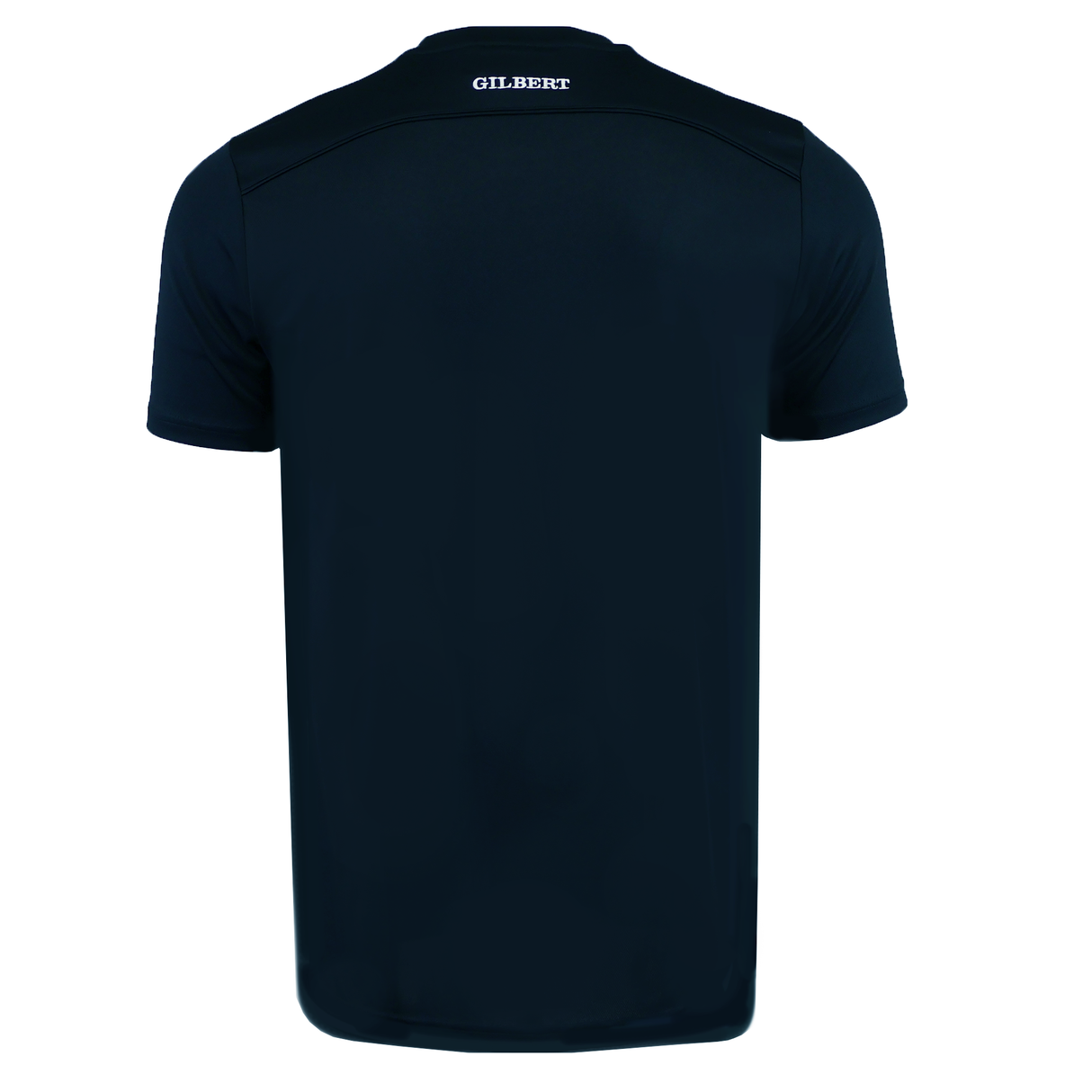 The Gilbert Photon Training Tee, shown from the back in plain black, features "GILBERT" in white at the neckline and is made from moisture-wicking fabric for peak athletic performance.