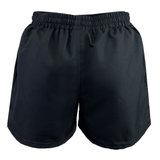 The black athletic shorts in the Bundle Gilbert Saracen V3 Match Short 3-Pack, ideal for rugby fans, feature an elastic waistband and a rear view display. Designed for comfort and style, they subtly showcase the iconic Gilbert logo.