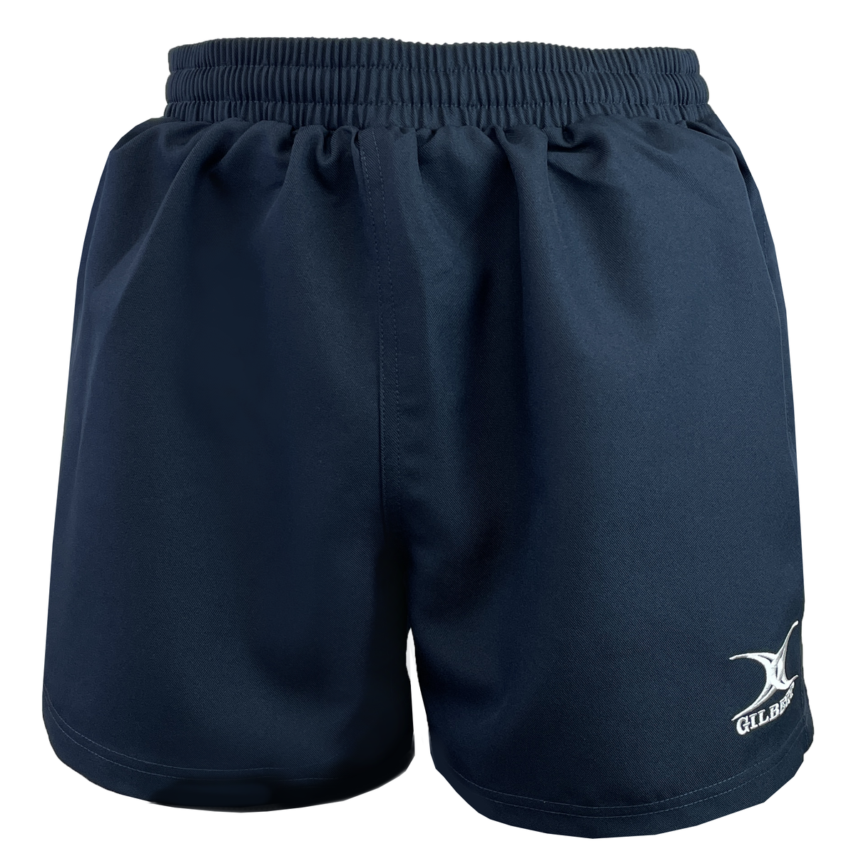 Navy blue athletic shorts, similar to the Bundle Gilbert's Saracen V3 Match Shorts, with an elastic waistband and a small white marlin logo on the lower left side.