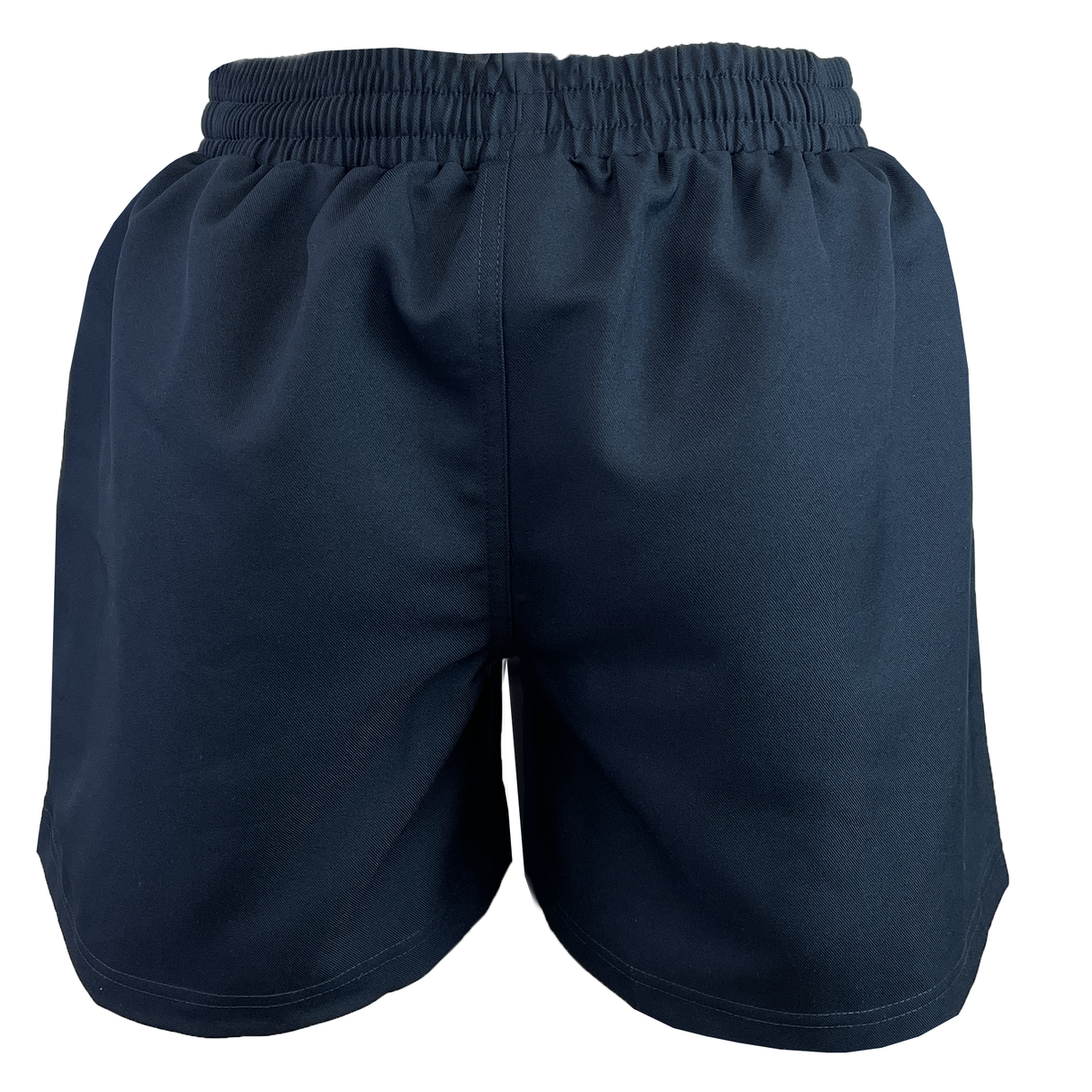 The Gilbert Saracen V3 Match Short 3-Pack Bundle features navy blue shorts with an elastic waistband, displayed from the back, showcasing the Gilbert logo known for quality and tradition.