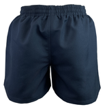The Gilbert Saracen V3 Match Short 3-Pack Bundle features navy blue shorts with an elastic waistband, displayed from the back, showcasing the Gilbert logo known for quality and tradition.