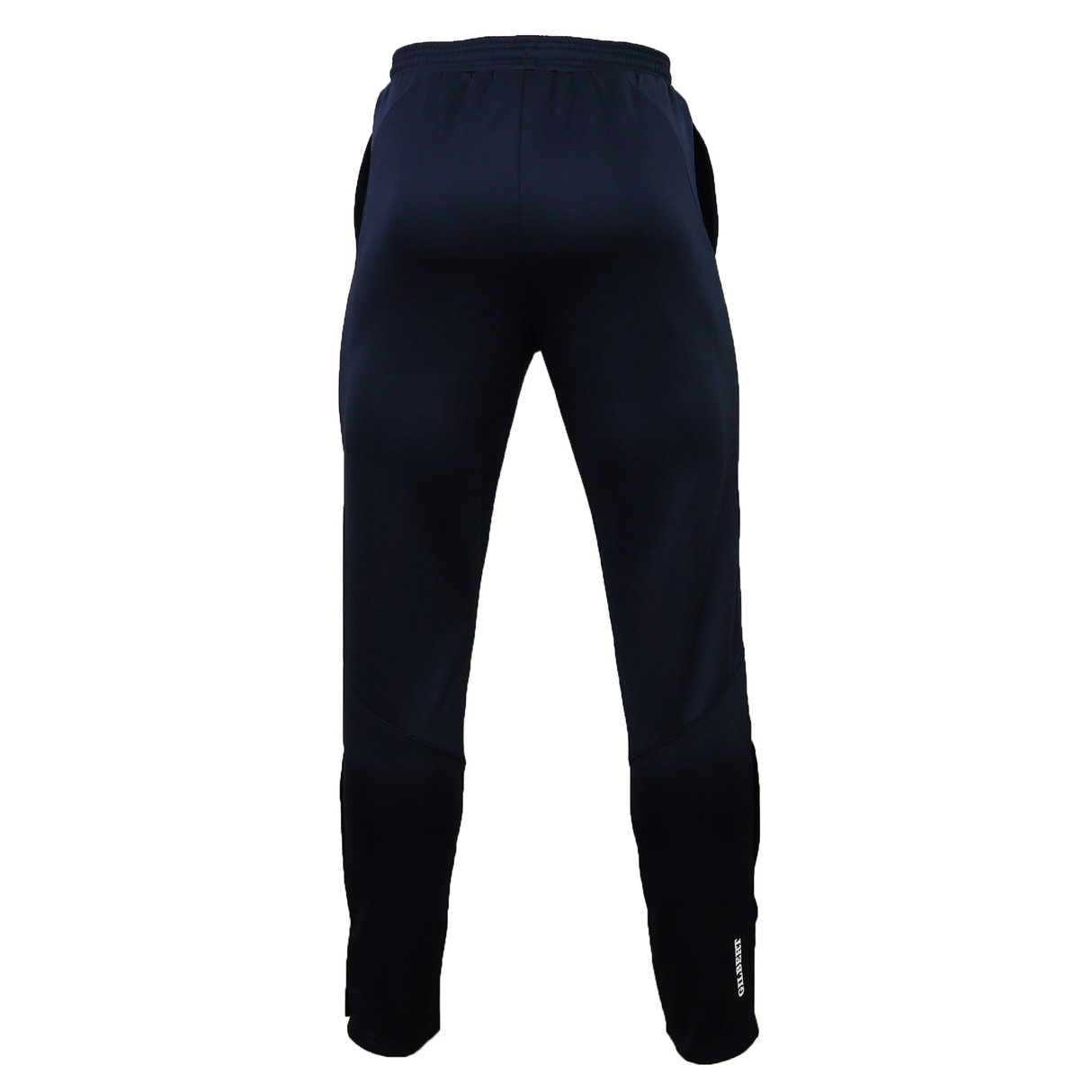 The Gilbert GTS Training Pants in navy blue are shown from the back, with an elastic waistband and side pockets—perfect for rugby training.