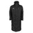 The Gilbert TTS Touchline Jacket by Gilbert is a long black hooded coat featuring a front snap closure and a white Gilbert logo on the left chest, styled in the classic design of a waterproof coaches jacket and shown against a plain white background.