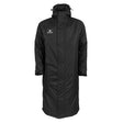 The Gilbert TTS Touchline Jacket by Gilbert is a long black hooded coat featuring a front snap closure and a white Gilbert logo on the left chest, styled in the classic design of a waterproof coaches jacket and shown against a plain white background.