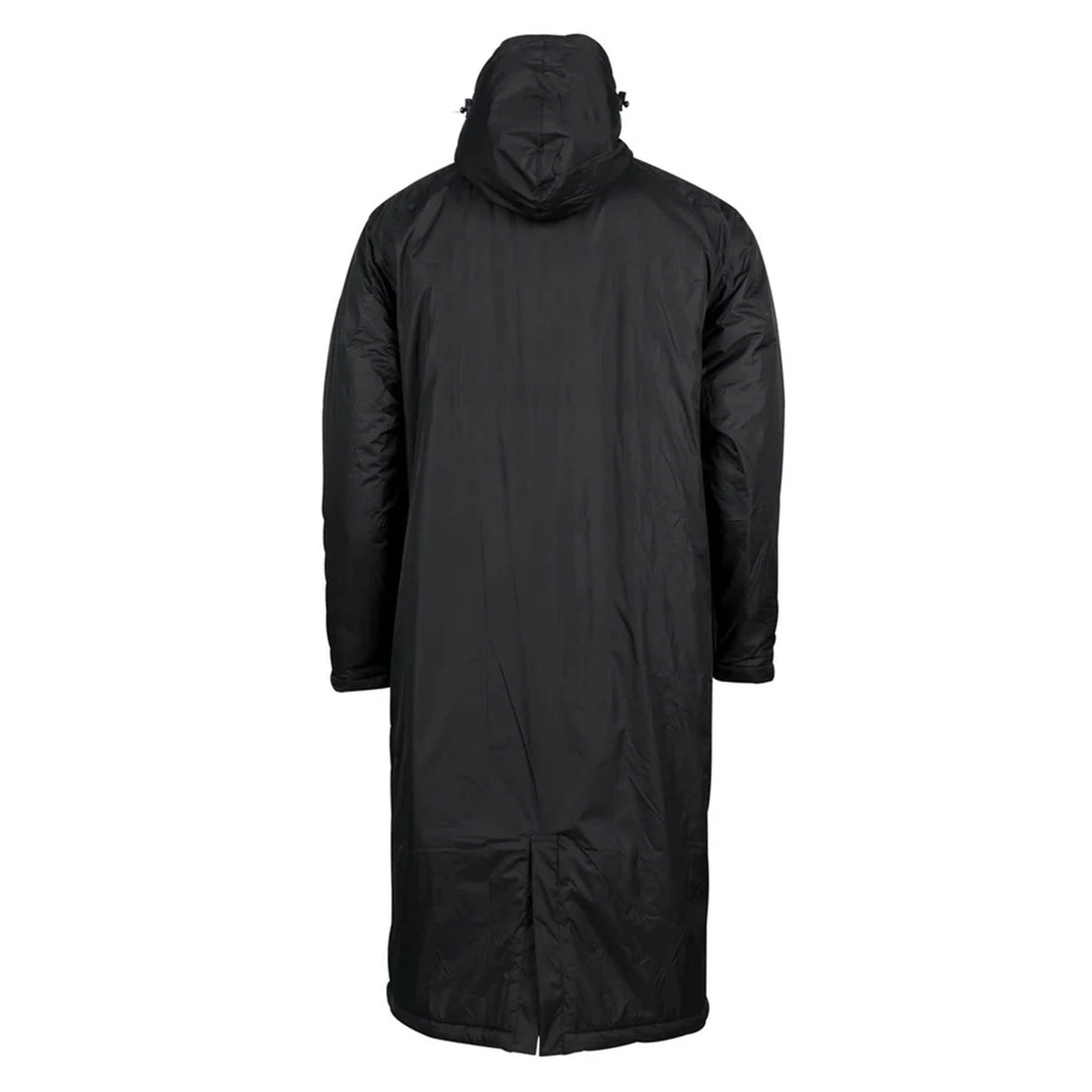 The Gilbert TTS Touchline Jacket by Gilbert is shown from the back, featuring a long black hooded design reminiscent of a waterproof coaches jacket, with full-length sleeves, a straight cut, and a split at the bottom hem.