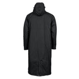 The Gilbert TTS Touchline Jacket by Gilbert is shown from the back, featuring a long black hooded design reminiscent of a waterproof coaches jacket, with full-length sleeves, a straight cut, and a split at the bottom hem.